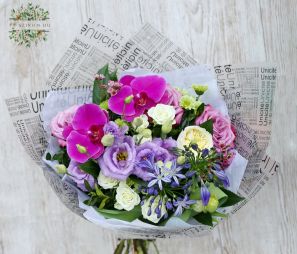 Virágküldés Budapest - Üde levendula lila csokor orchideával, angol rózsával (18 szál)