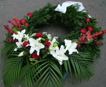big greek wreath with white lilies and red roses (1.3 m)