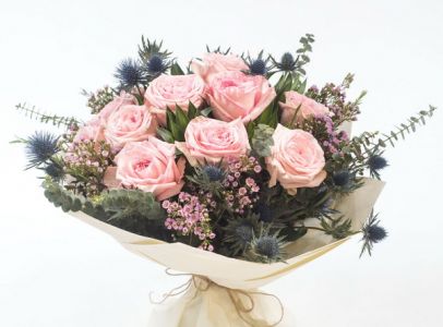 Pink roses with eryngium and small flowers (24 stems in total)