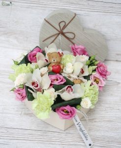 Heart box with lily of the valley, orchid, teddy bear (13 strands)