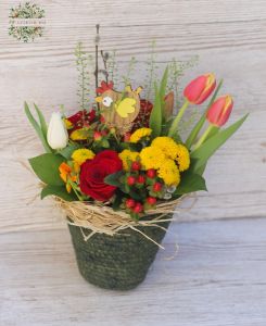 Frühlingskorb mit tulpen und Frühlingsfigure