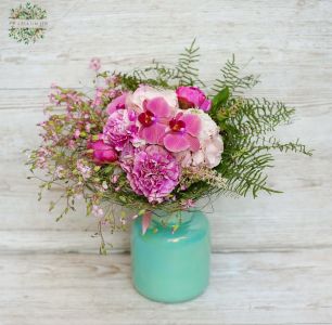 Pearl blue vase with pink bouquet of orchids and hydrangea