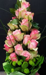 pink roses with green pompoms in a tall bouquet (23 stems)
