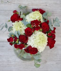 Red roses with white hydrangeas in big glass ball (15 stems)