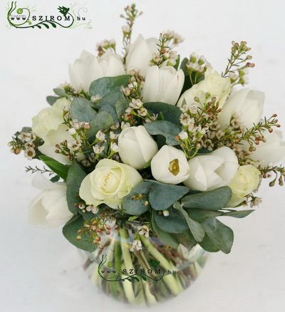 rustic white bouquet in glass ball (rose, tulip, 20 stems)