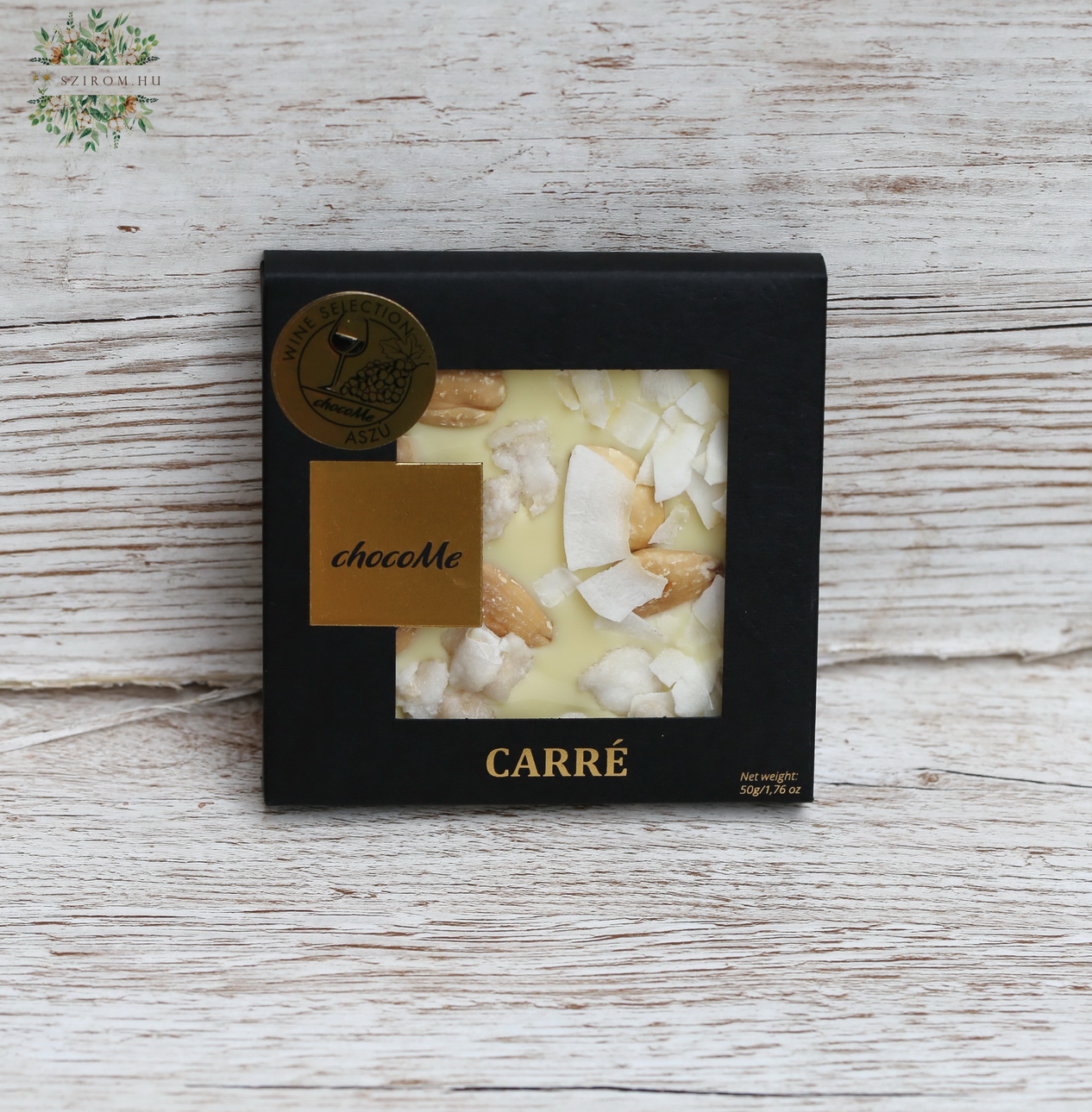 flower delivery Budapest - chocoMe handmade white chocolate 50g (candied jasmine petals, coconut shavings, Sicilian almonds)