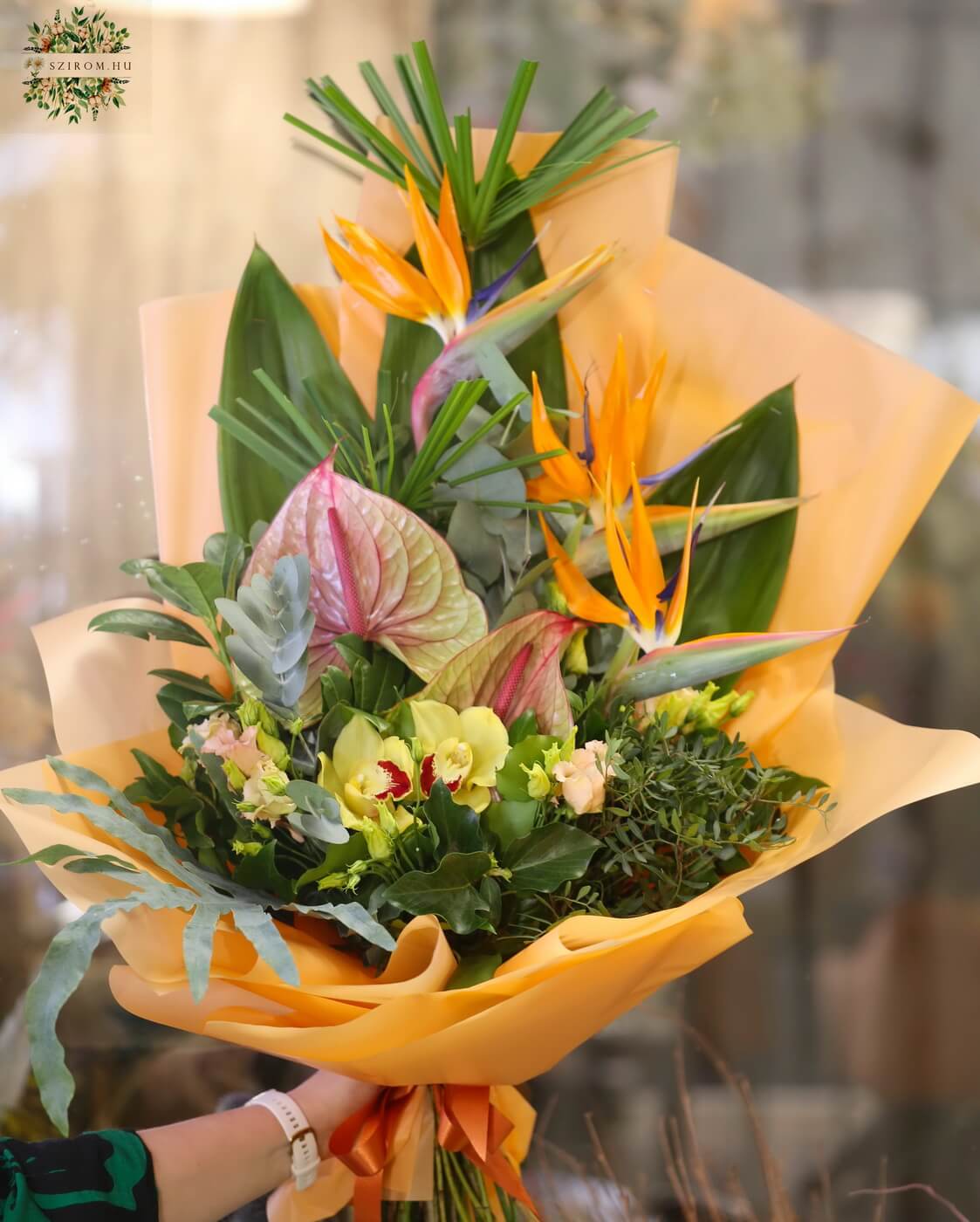 flower delivery Budapest - Tropical bouquet with strelizias, anthuriums, eustomas