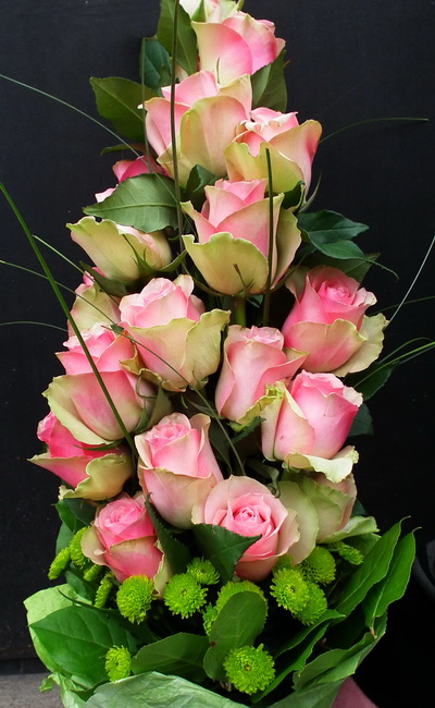 flower delivery Budapest - pink roses with green pompoms in a tall bouquet (23 stems)