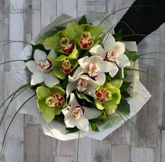 flower delivery Budapest - white and green orchid bouquet with berries (10 stems)