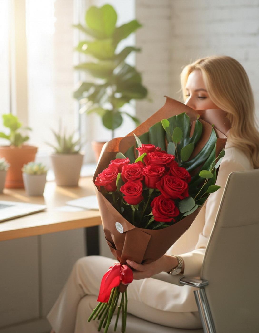 Blumenlieferung nach Budapest - 10 Rote Rosen mit Monstera Blatt