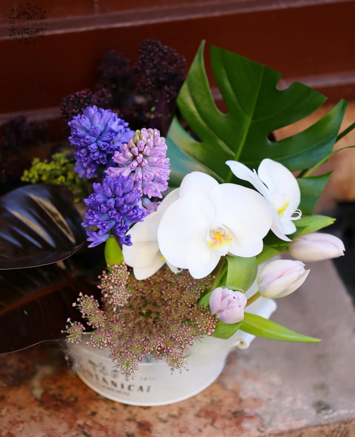 flower delivery Budapest - Clean modern flower bowl with tulips, hyacinths, orchids, and special leaves