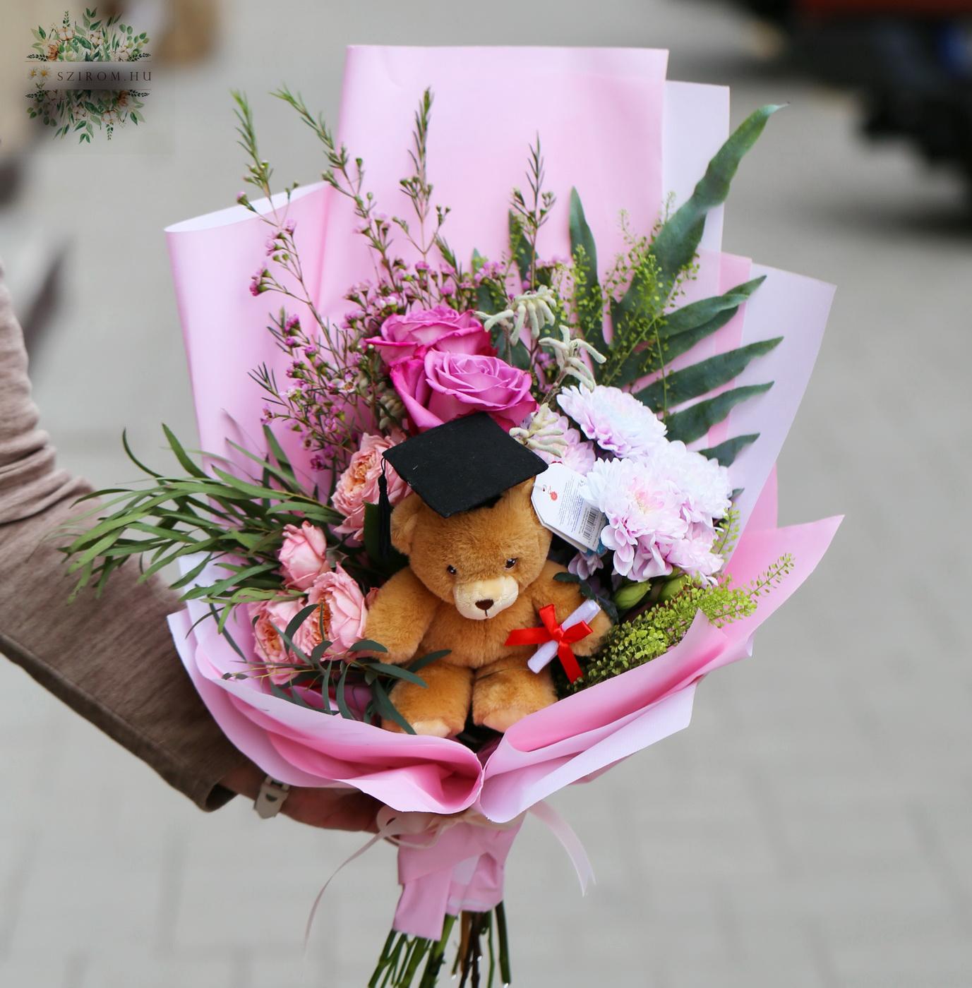 flower delivery Budapest - Pink graduation bouquet with teddy bear