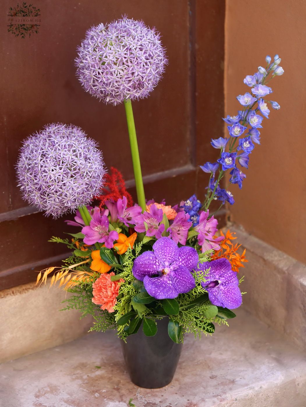 Blumenlieferung nach Budapest - Blumenarrangement mit duftige Allium Kugeln und Vanda-Orchideen
