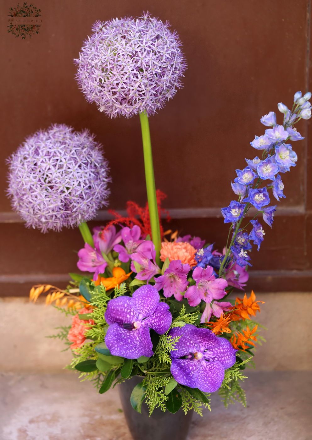 Blumenlieferung nach Budapest - Blumenarrangement mit duftige Allium Kugeln und Vanda-Orchideen