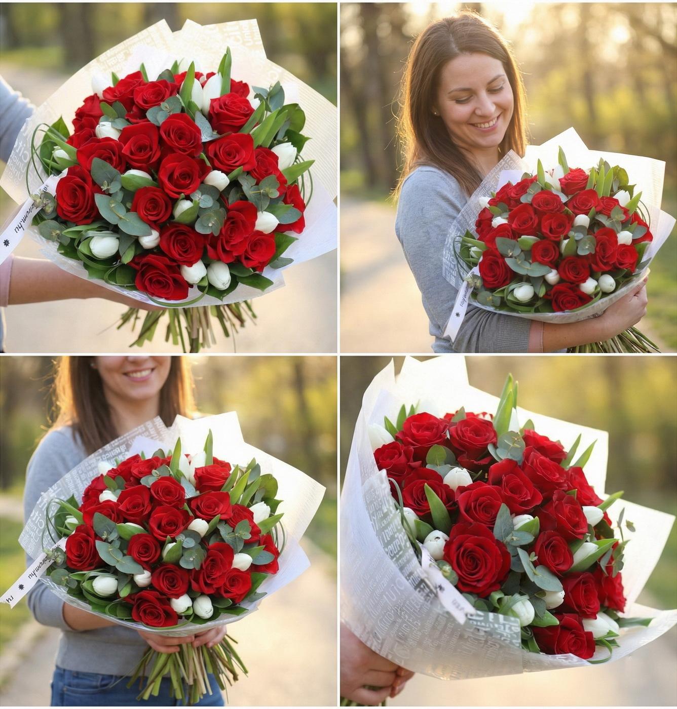 flower delivery Budapest - 40 stems bouquet of red roses and tulips