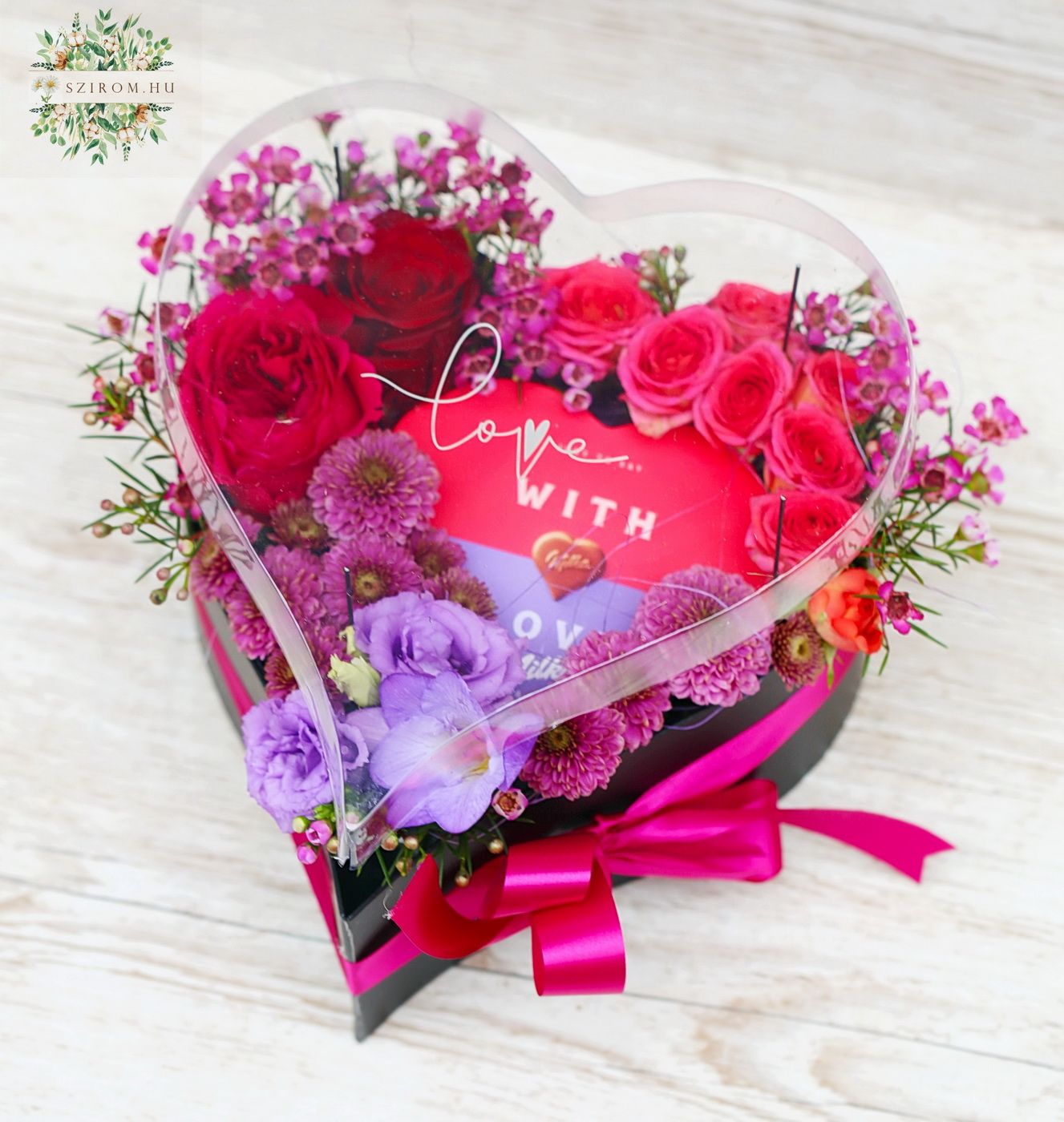 flower delivery Budapest - Transparent lid heart box with Milka chocolate, colorful flowers