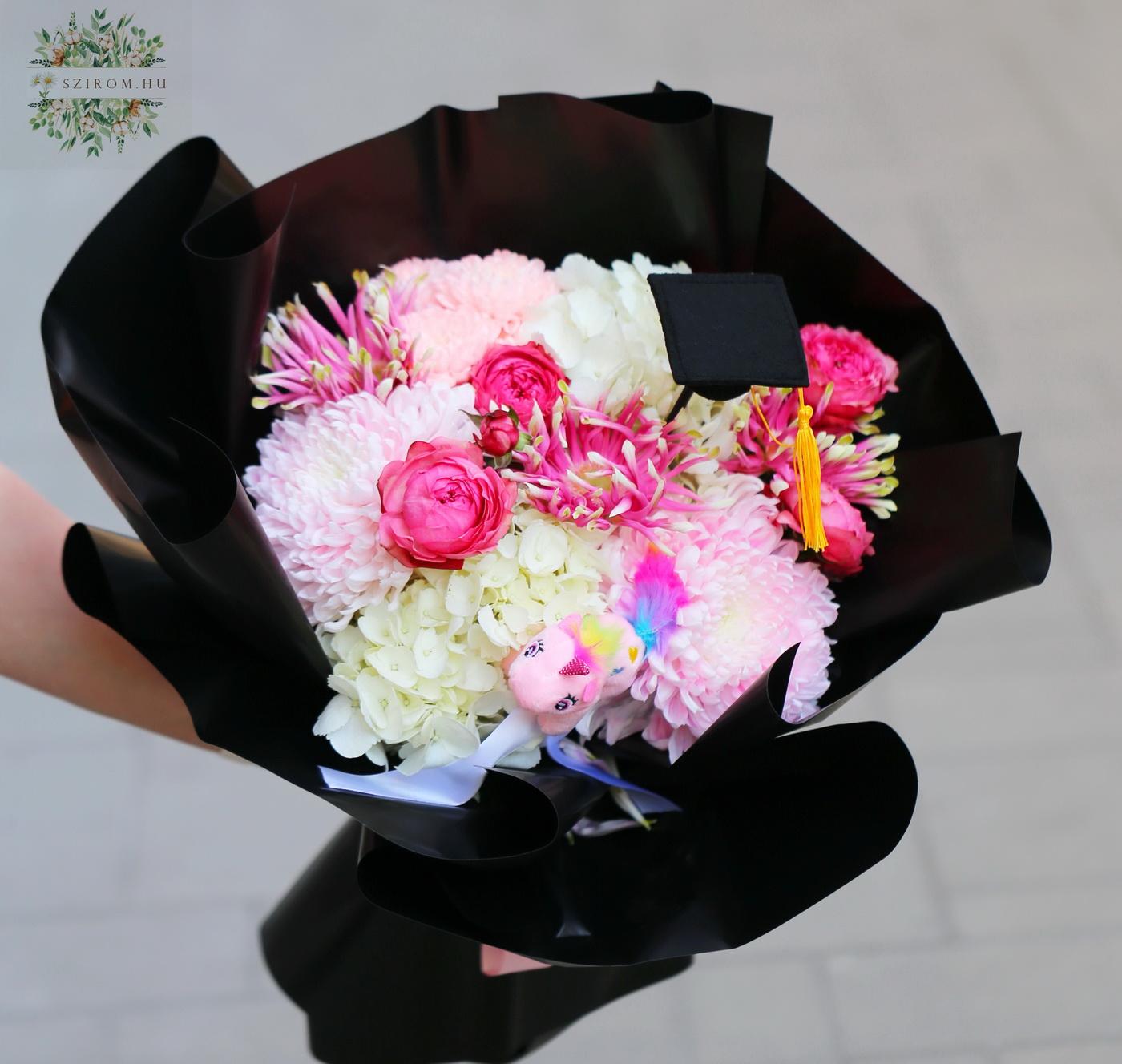 flower delivery Budapest - Graduation bouquet with unicorn, fluffy pink flowers