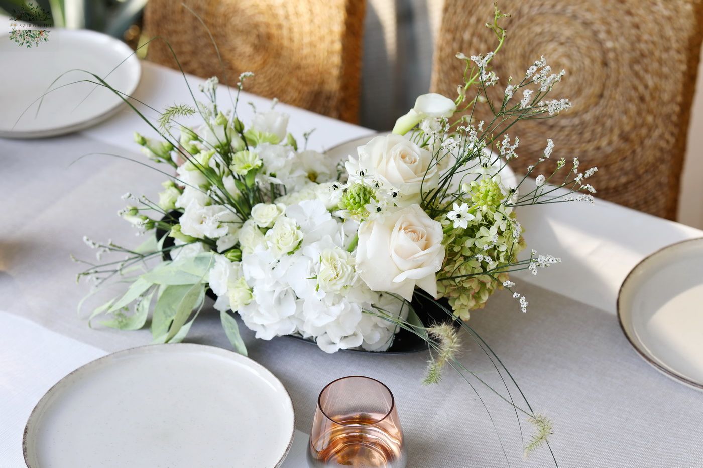 flower delivery Budapest - Small wedding centerpiece in the shape of a crescent moon, on an oval bowl (white, cream, hydrangea, rose, lisianthus, calla ornithogalum)