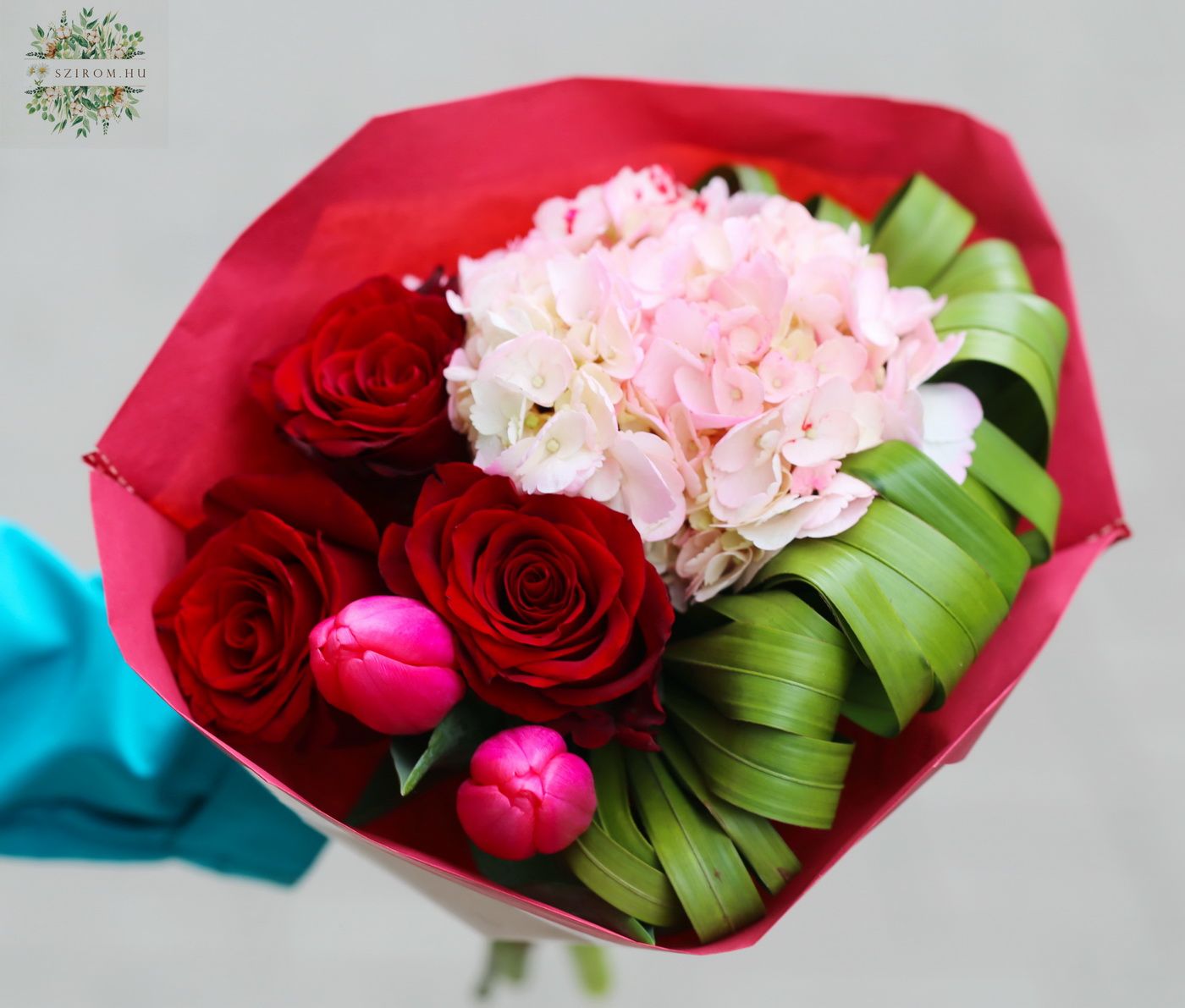 Blumenlieferung nach Budapest - Kleiner runder Strauß mit roten Rosen, Tulpen, Hortensien (6 Stiele)