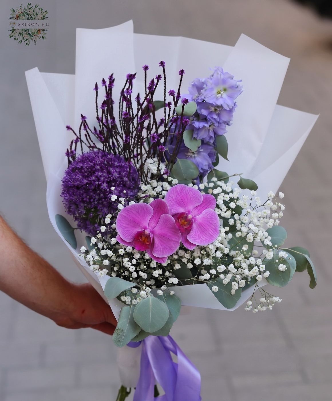 Blumenlieferung nach Budapest - Kleine lila Sommer Strauss mit Delphinium, Orchidee
