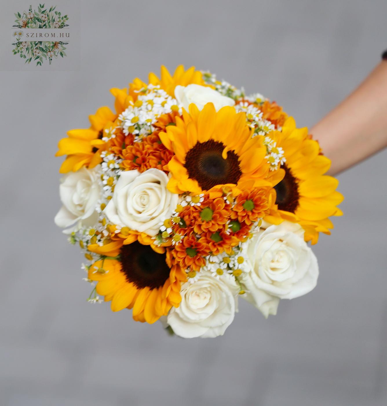 flower delivery Budapest - Bridal bouquet (sunflower, rose, chamomile, santini; yellow, white)