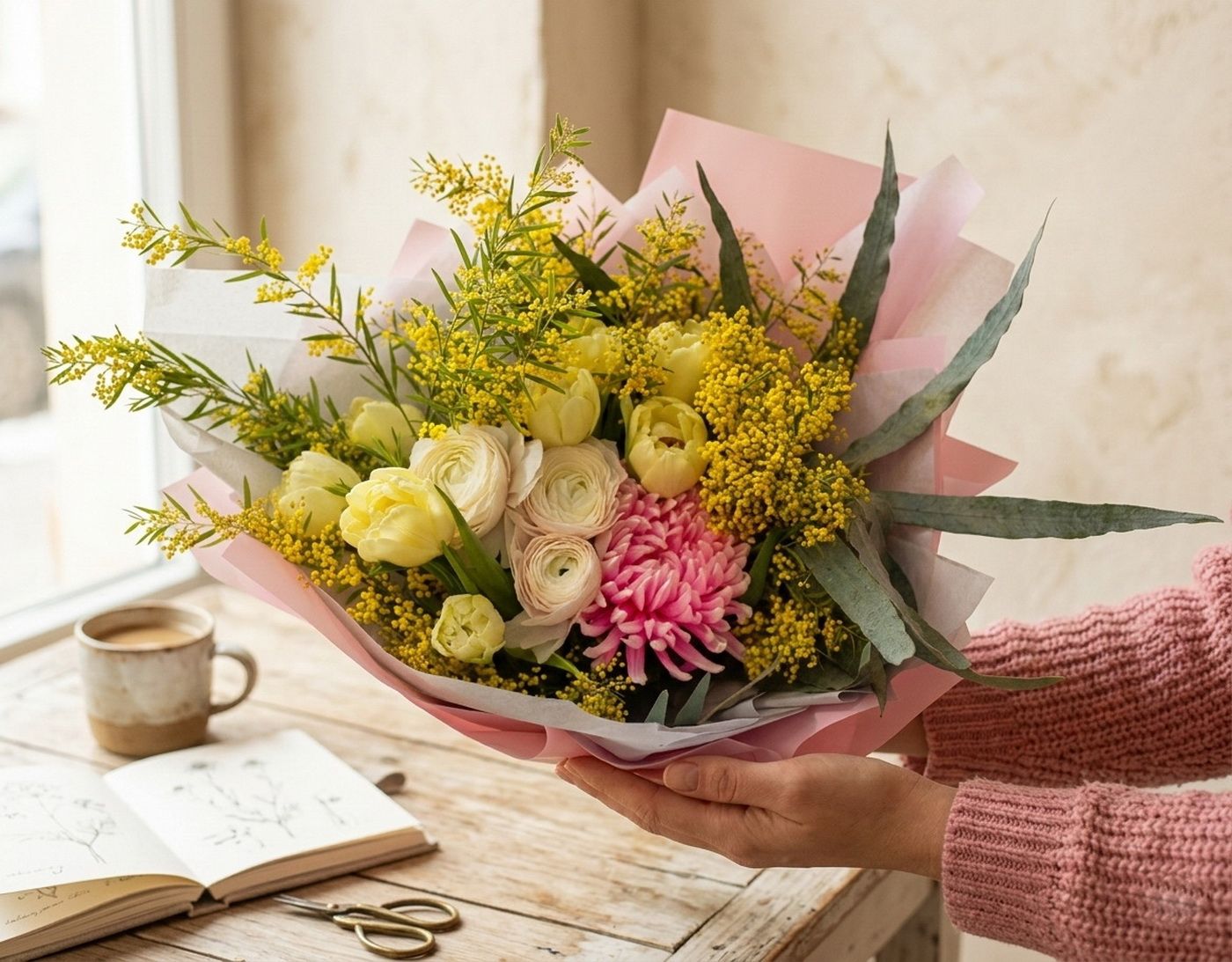 flower delivery Budapest - Mimosa bouquet with spring flowers, tulips, buttercups (15 stems)