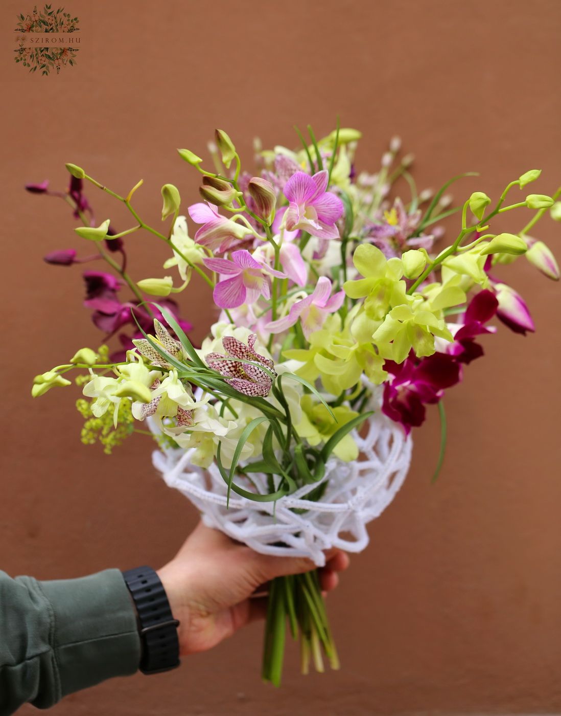 flower delivery Budapest - Modern dendrobium orchid bouquet with chenille bouquet structure