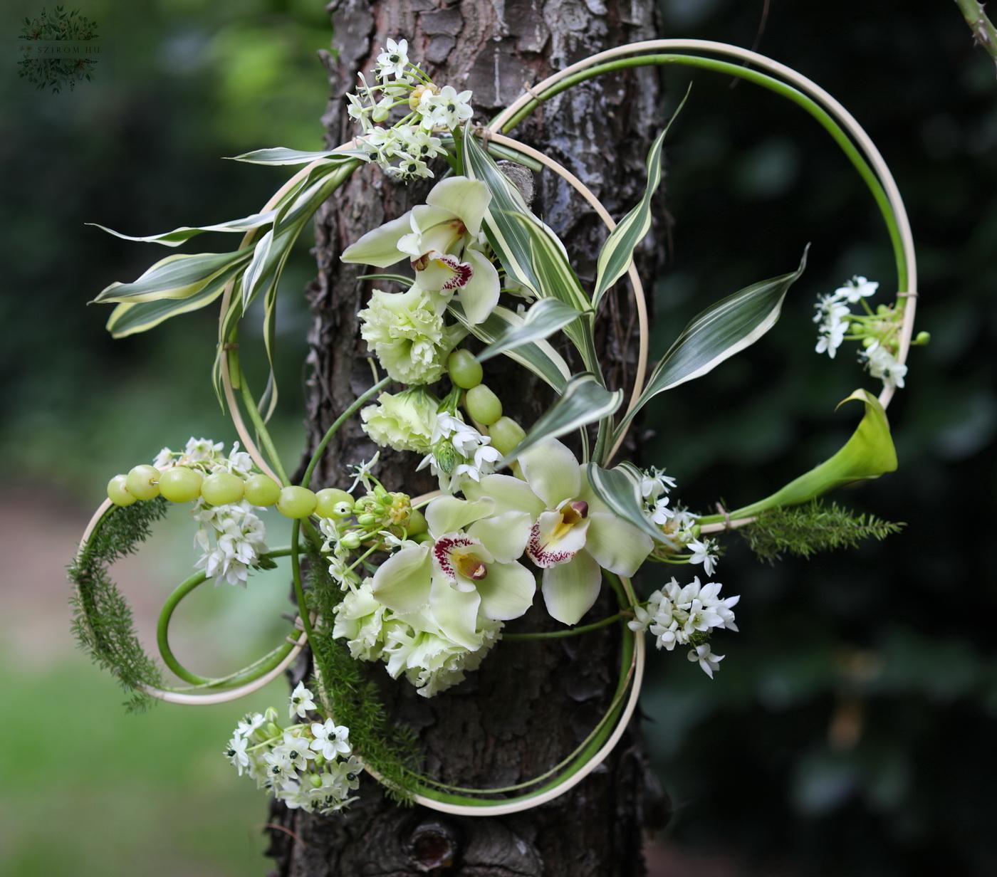 Virágküldés Budapest - modern karika csokor orchideával (ornithogalum, kála, orchidea, zöld)