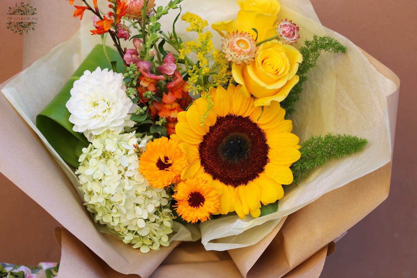 flower delivery Budapest - Summer sunray bouquet with yellow roses, sunflower, hydrangea
