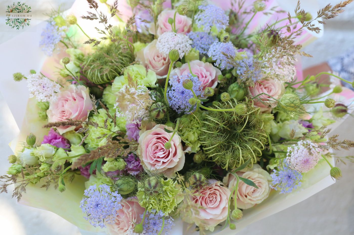 flower delivery Budapest - Summer pink bouquet with pastel colors, small flowers, roses (54 stems)