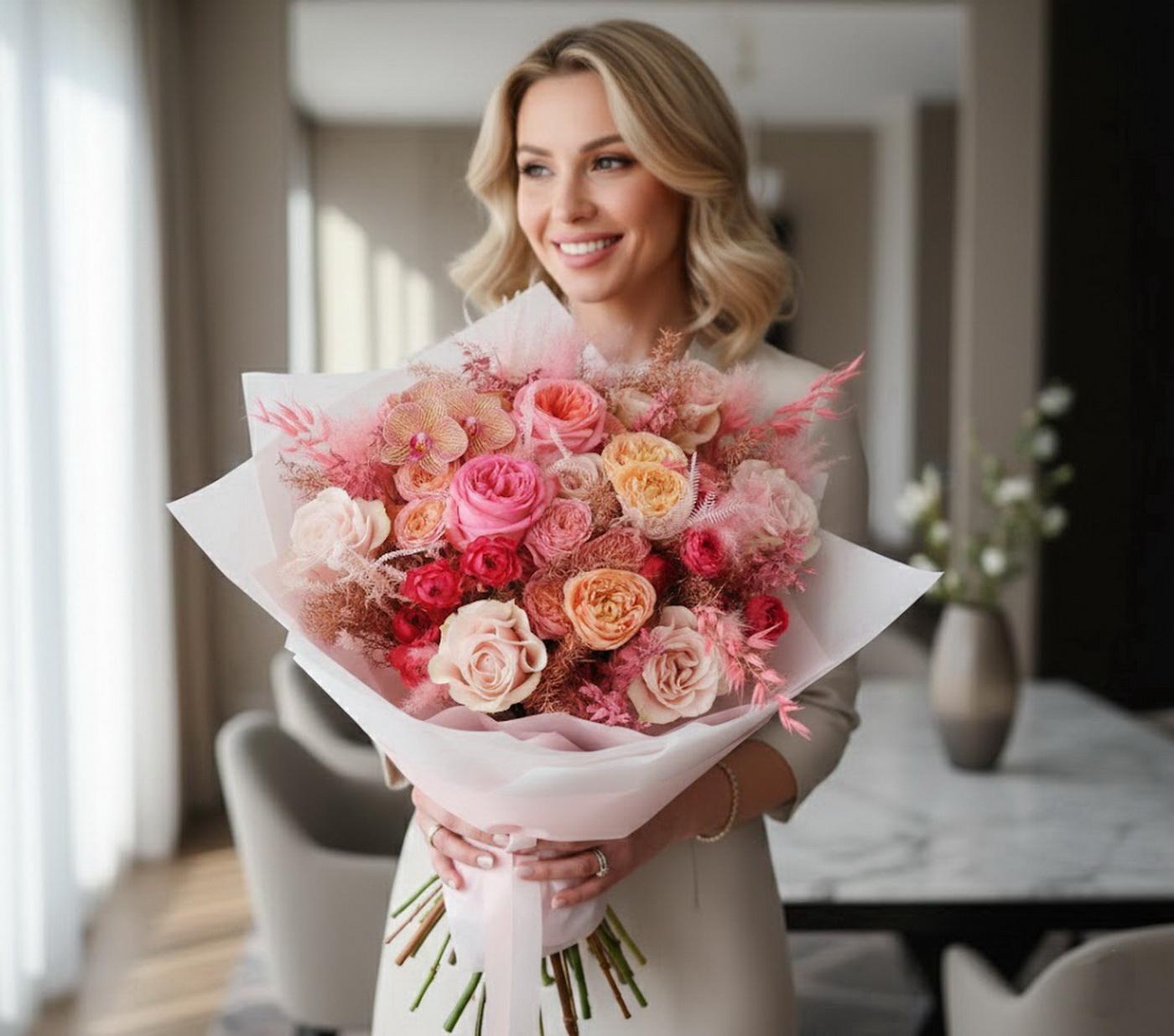 flower delivery Budapest - Pink bronze fluffy dream bouquet with english roses, orchids