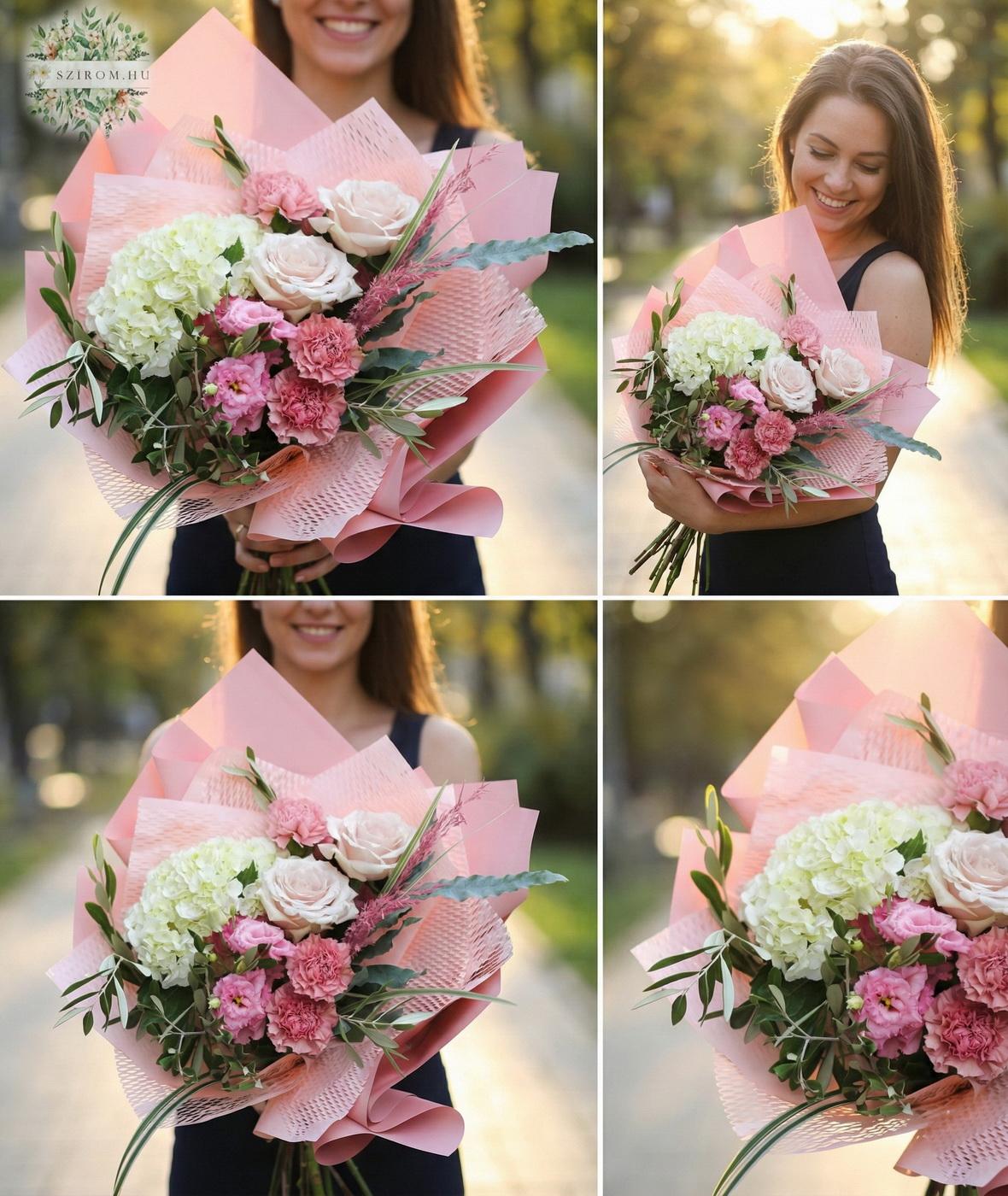 Blumenlieferung nach Budapest - Rosa Strauß mit Hortensie, Rose und Lisianthus