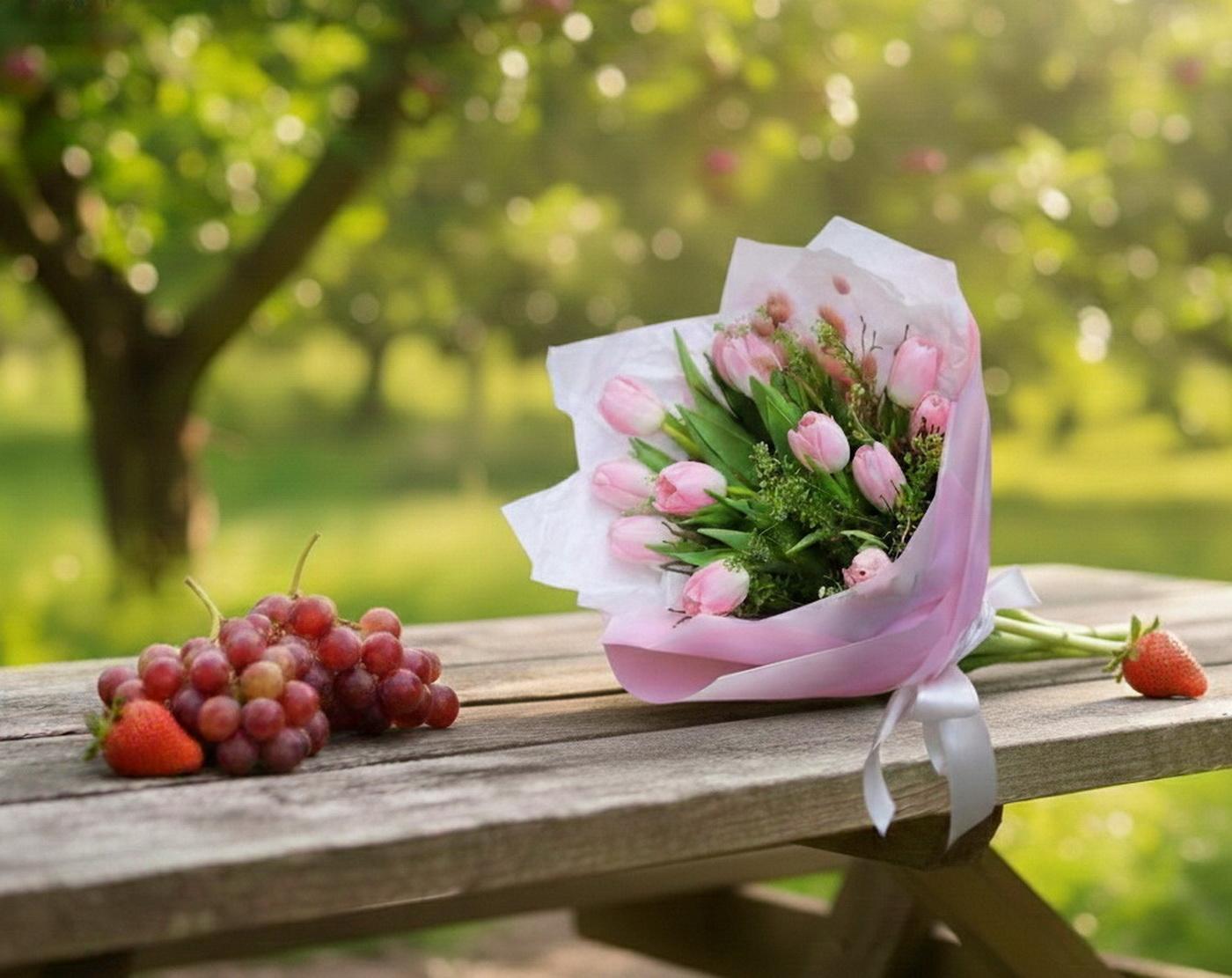 Blumenlieferung nach Budapest - Rosa Tulpen mit Hasenohren und flauschigem Papier (13 Stiele)