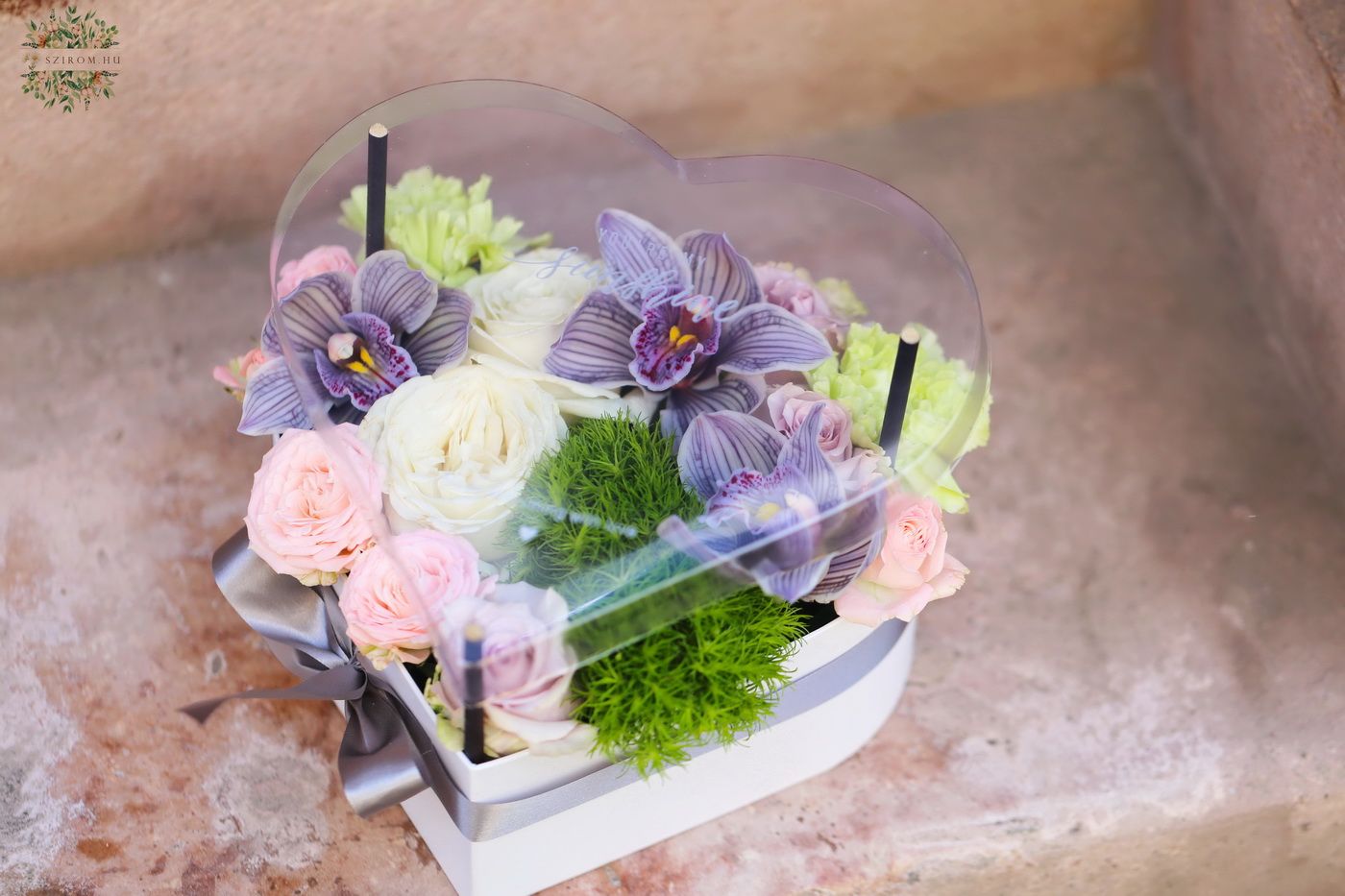 flower delivery Budapest - Heart box with special striped orchids and roses (13 flowers)