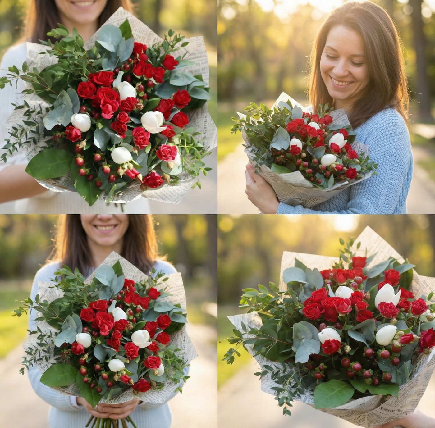 Blumenlieferung nach Budapest - Rote Mini-Rosen, mit weißen Tulpen und Hypericum Beeren (12 Stiele)