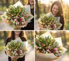 100 szál gyönyörű tulipán csokorban  - original product photo with AI background