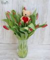 15 red tulips in vase with teddy with heart