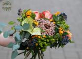 Bouquet with modern bouquet holder with anthurium and roses