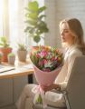 Duplaszirmú tulipánok hagymavirággal, papírvázában (30 szál) - original product photo with AI background