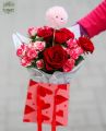Small red rose bouquet with pompom, in heart bag, with water