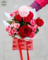 Small red rose bouquet with pompom, in heart bag, with water