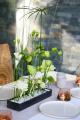 Luftig moderne Hochzeits-/Event-Tischdeko für lange Tafel (Grün, Weiß, Rose, Calla, Freesie, Lisianthus)