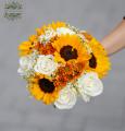Bridal bouquet (sunflower, rose, chamomile, santini; yellow, white)