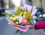 Mimosa bouquet with spring flowers, tulips, buttercups (15 stems)
