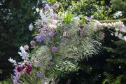 Modern hatszögletű boldogságkapu lila virágokkal (Budapest, agapantusz, delphinium, allium, anthurium, rezgő, szegfű)