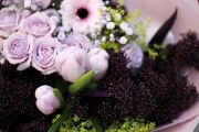 Modern contrasting lavender bouquet with tulips and bush roses (13 flowers)