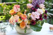 Romantic crescent moon shaped summer wedding centerpiece flower bowl (English rose, orchid, delphinium, calla, seasonal flowers, purple, peach)