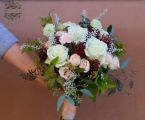 Winter bridal bouquet with roses, spray roses, skimmia (white, peach, burgundy)