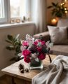 Glass cube with pink sprayroses, skimmias - original product photo with AI background