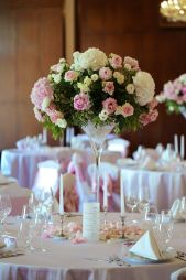 flower delivery Budapest - Wedding Centerpiece, high, Gellert Hotel Budapest (hydrangea, rose, peony, liziantusz, English roses, pink, white)